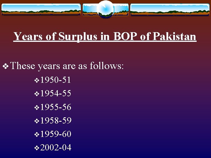 Years of Surplus in BOP of Pakistan v These years are as follows: v Years of Surplus in BOP of Pakistan v These years are as follows: v