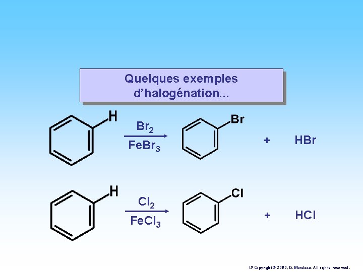 Quelques exemples d’halogénation. . . Br 2 Fe. Br 3 Cl 2 Fe. Cl