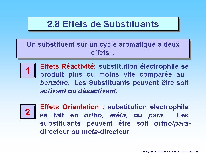 2. 8 Effets de Substituants Un substituent sur un cycle aromatique a deux effets.
