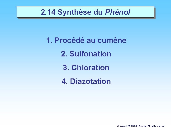 2. 14 Synthèse du Phénol 1. Procédé au cumène 2. Sulfonation 3. Chloration 4.