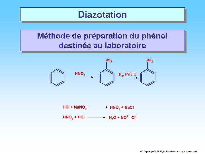 Diazotation Méthode de préparation du phénol destinée au laboratoire 45 Copyright© 2000, D. Blondeau.