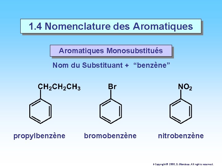 1. 4 Nomenclature des Aromatiques Monosubstitués Nom du Substituant + “benzène” propylbenzène bromobenzène nitrobenzène