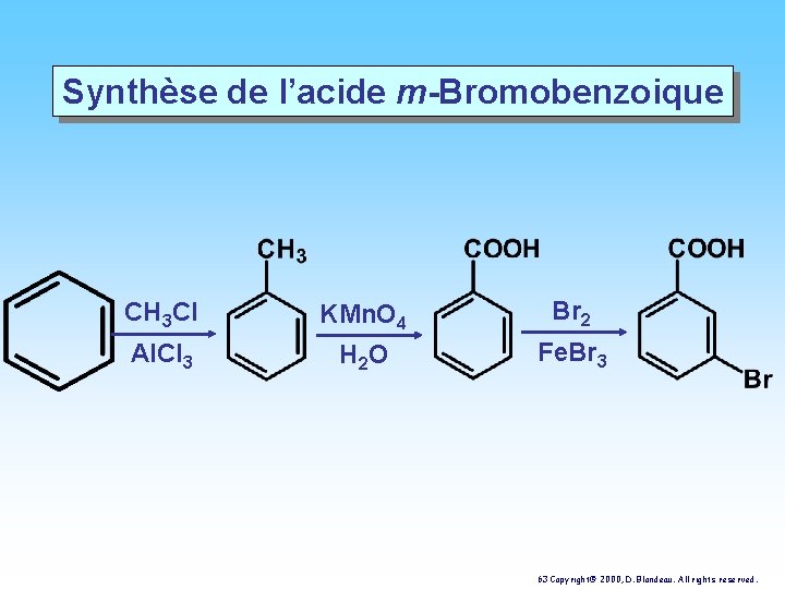 Synthèse de l’acide m-Bromobenzoique CH 3 Cl KMn. O 4 Br 2 Al. Cl