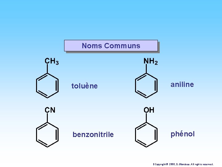 Noms Communs toluène aniline benzonitrile phénol 8 Copyright© 2000, D. Blondeau. All rights reserved.