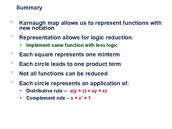 Summary ° Karnaugh map allows us to represent functions with new notation ° Representation