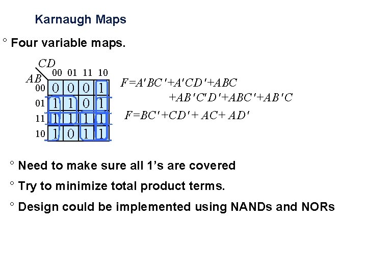 Karnaugh Maps ° Four variable maps. CD 00 01 11 10 AB 00 01