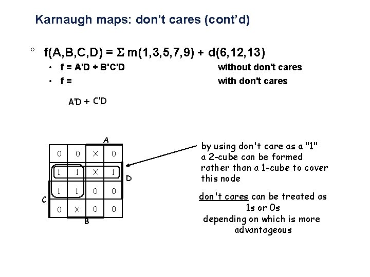 Karnaugh maps: don’t cares (cont’d) ° f(A, B, C, D) = m(1, 3, 5,