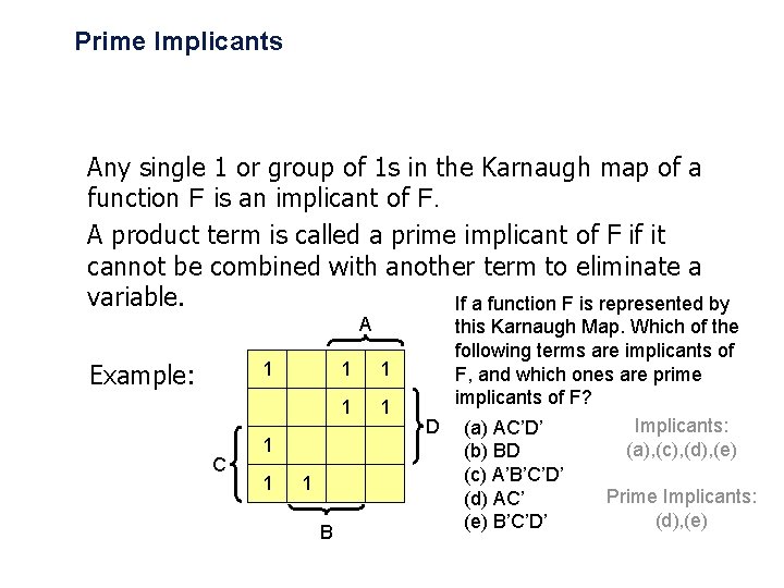 Prime Implicants Any single 1 or group of 1 s in the Karnaugh map