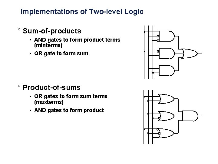 Implementations of Two-level Logic ° Sum-of-products • AND gates to form product terms (minterms)