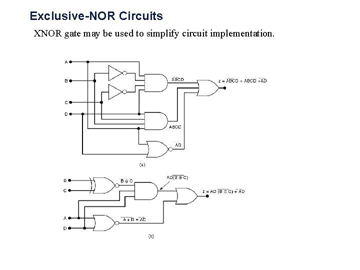 Exclusive-NOR Circuits XNOR gate may be used to simplify circuit implementation. 