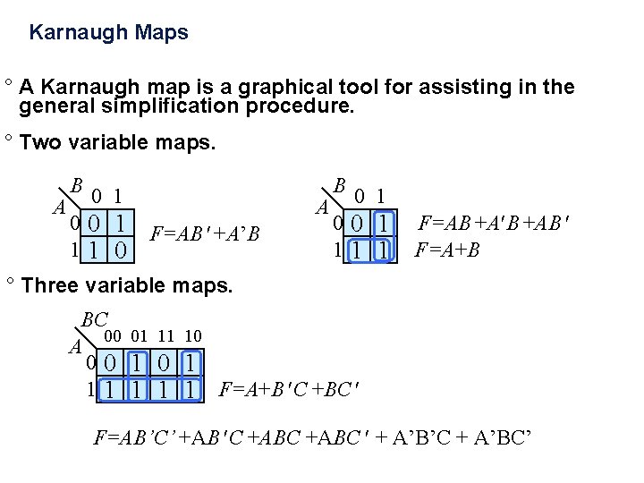  Karnaugh Maps ° A Karnaugh map is a graphical tool for assisting in