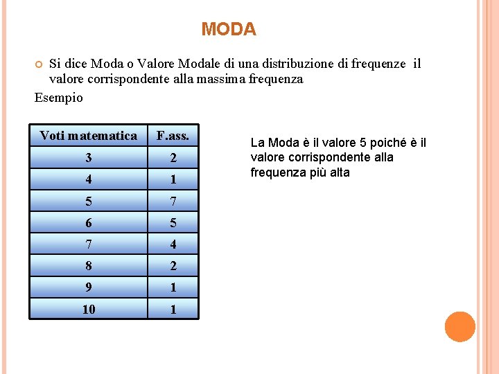 MODA Si dice Moda o Valore Modale di una distribuzione di frequenze il valore