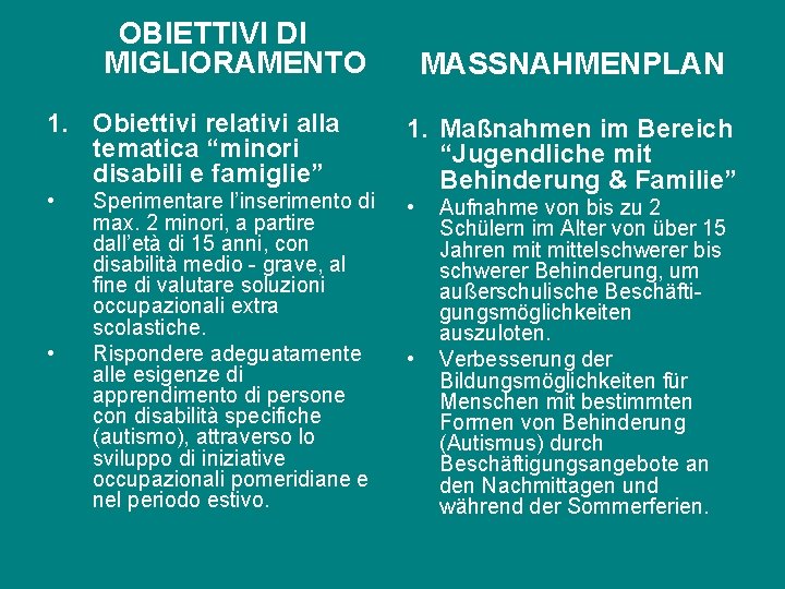 OBIETTIVI DI MIGLIORAMENTO 1. Obiettivi relativi alla tematica “minori disabili e famiglie” • •