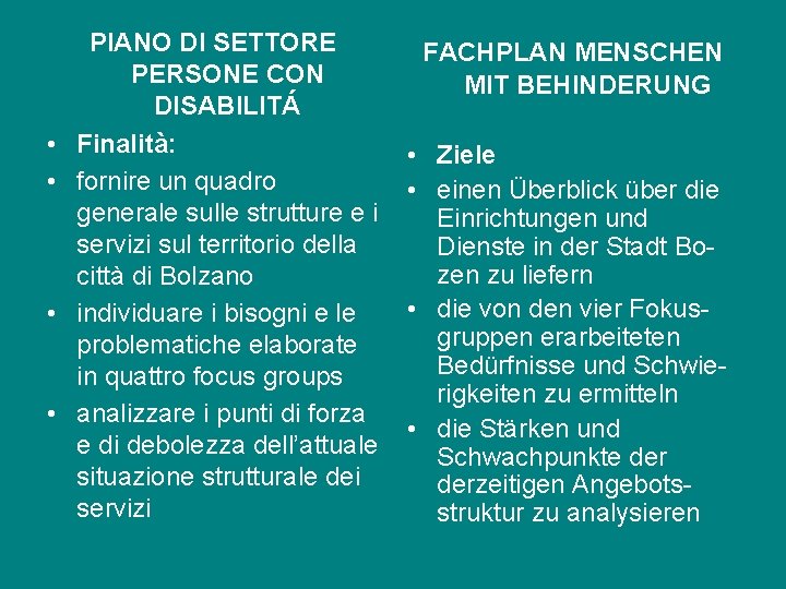  • • PIANO DI SETTORE PERSONE CON DISABILITÁ Finalità: fornire un quadro generale