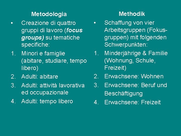  • 1. 2. 3. 4. Metodologia Creazione di quattro gruppi di lavoro (focus