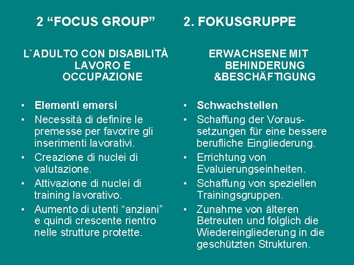 2 “FOCUS GROUP” L`ADULTO CON DISABILITÀ LAVORO E OCCUPAZIONE • Elementi emersi • Necessità