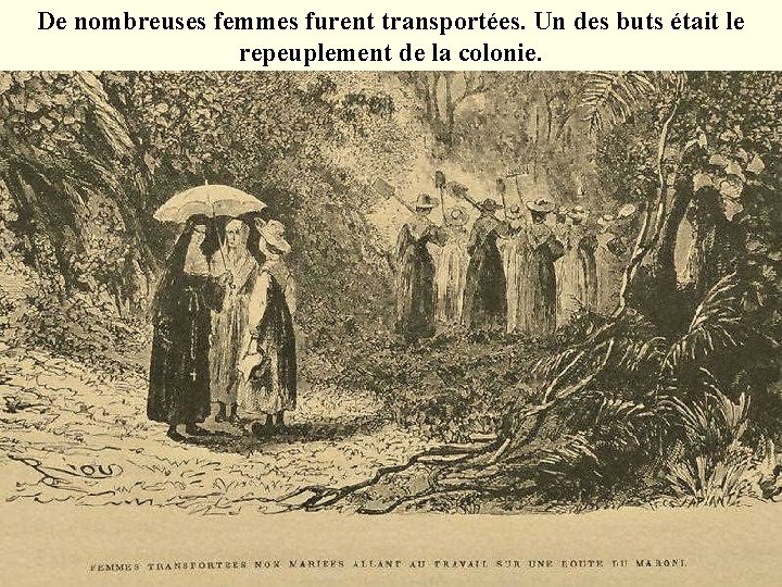 De nombreuses femmes furent transportées. Un des buts était le repeuplement de la colonie.