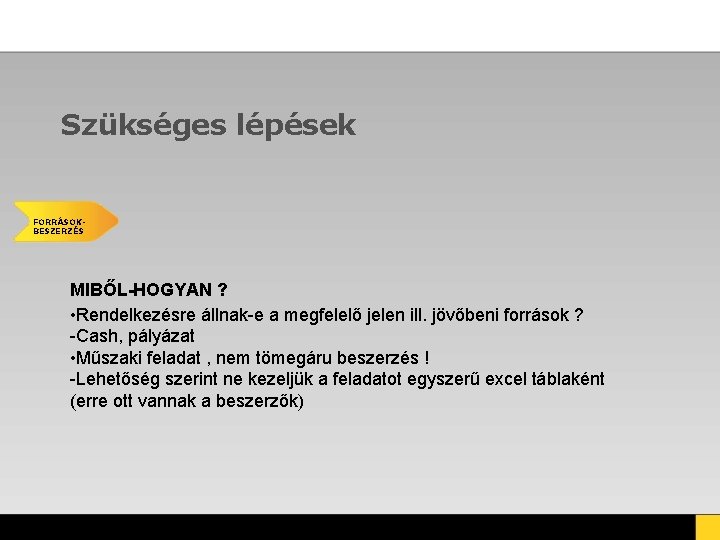 Szükséges lépések FORRÁSOKBESZERZÉS MIBŐL-HOGYAN ? • Rendelkezésre állnak-e a megfelelő jelen ill. jövőbeni források Szükséges lépések FORRÁSOKBESZERZÉS MIBŐL-HOGYAN ? • Rendelkezésre állnak-e a megfelelő jelen ill. jövőbeni források