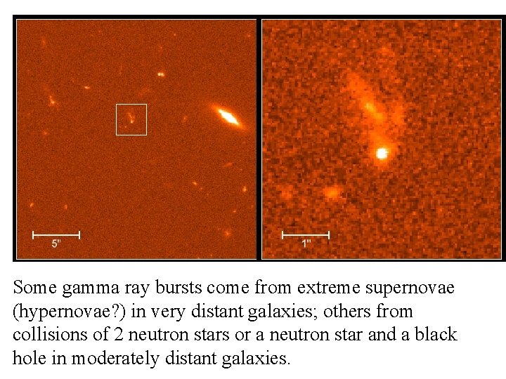 Some gamma ray bursts come from extreme supernovae (hypernovae? ) in very distant galaxies; Some gamma ray bursts come from extreme supernovae (hypernovae? ) in very distant galaxies;
