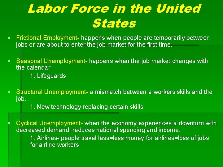 Labor Force in the United States § Frictional Employment- happens when people are temporarily Labor Force in the United States § Frictional Employment- happens when people are temporarily