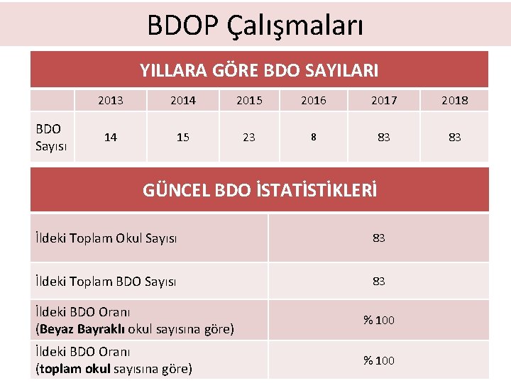 BDOP Çalışmaları YILLARA GÖRE BDO SAYILARI BDO Sayısı 2013 2014 2015 2016 2017 2018