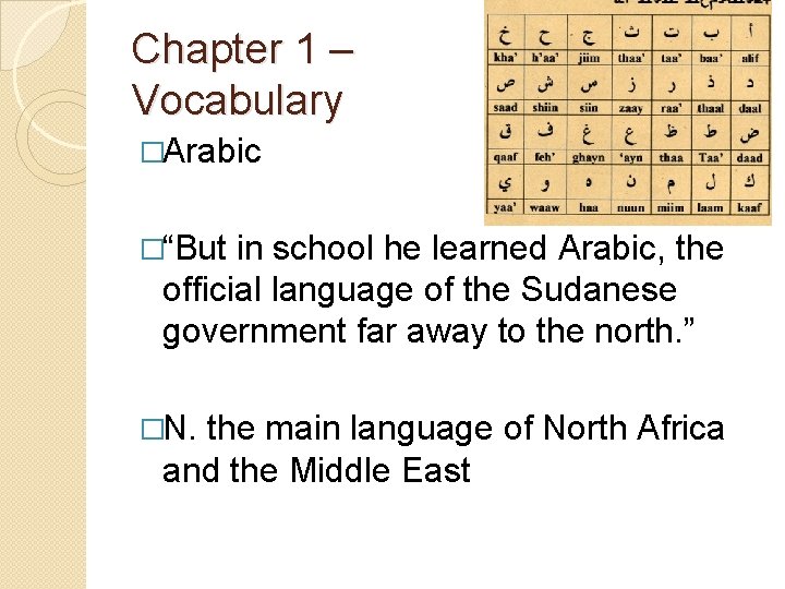 Chapter 1 – Vocabulary �Arabic �“But in school he learned Arabic, the official language
