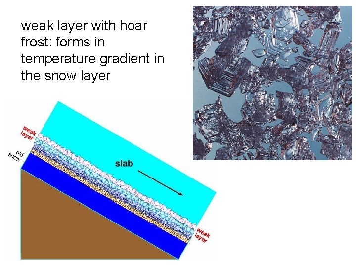 weak layer with hoar frost: forms in temperature gradient in the snow layer 