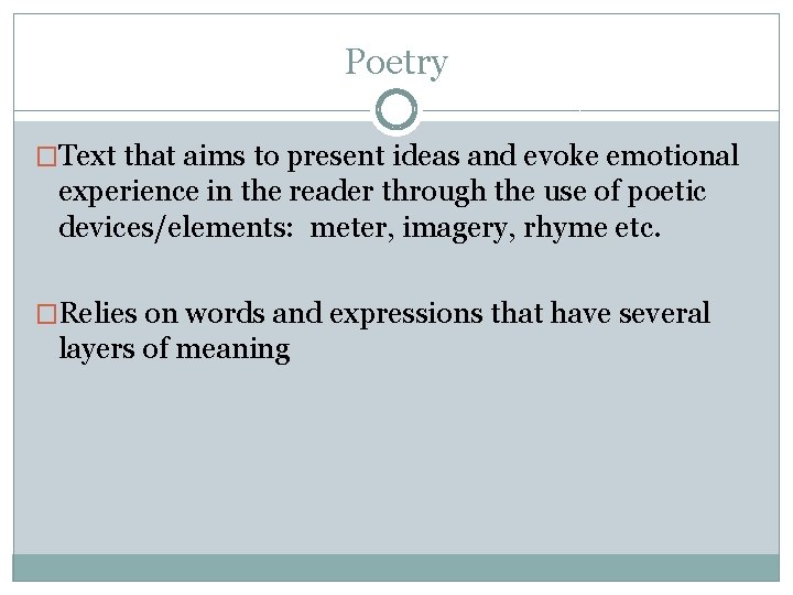 Poetry �Text that aims to present ideas and evoke emotional experience in the reader