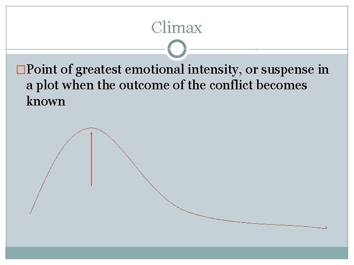 Climax �Point of greatest emotional intensity, or suspense in a plot when the outcome