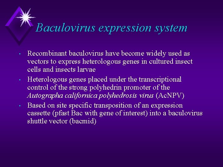 Baculovirus expression system • • • Recombinant baculovirus have become widely used as vectors Baculovirus expression system • • • Recombinant baculovirus have become widely used as vectors