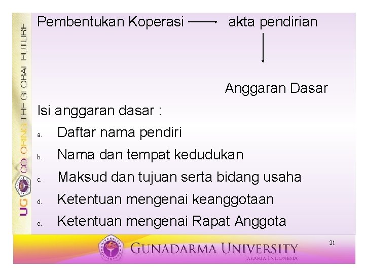 Pembentukan Koperasi akta pendirian Anggaran Dasar Isi anggaran dasar : a. Daftar nama pendiri