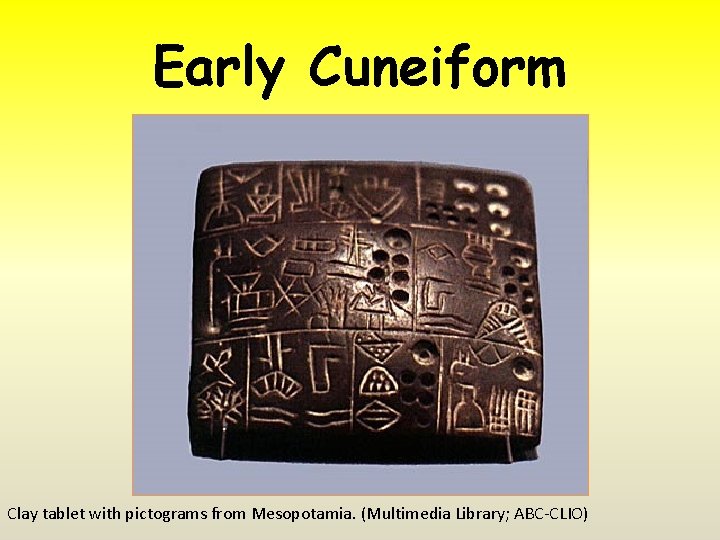 Early Cuneiform Clay tablet with pictograms from Mesopotamia. (Multimedia Library; ABC-CLIO) 