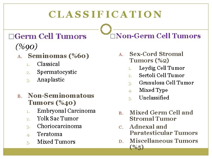 CLASSIFICATION �Germ Cell Tumors � Non-Germ Cell Tumors (%90) A. Seminomas (%60) 1. 2.