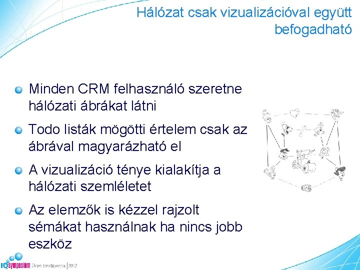 Hálózat csak vizualizációval együtt befogadható Minden CRM felhasználó szeretne hálózati ábrákat látni Todo listák