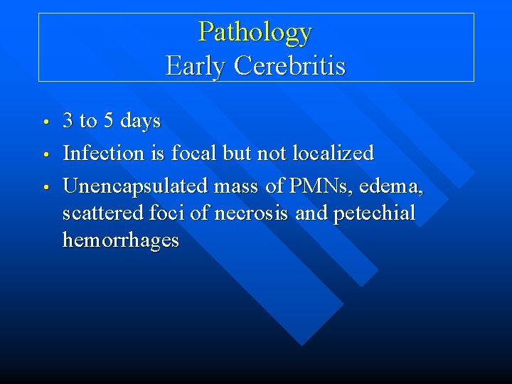 Pathology Early Cerebritis • • • 3 to 5 days Infection is focal but