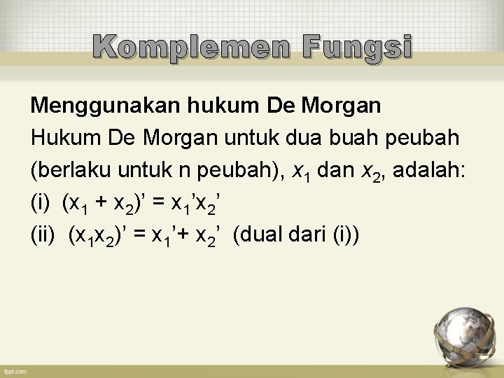 Komplemen Fungsi Menggunakan hukum De Morgan Hukum De Morgan untuk dua buah peubah (berlaku