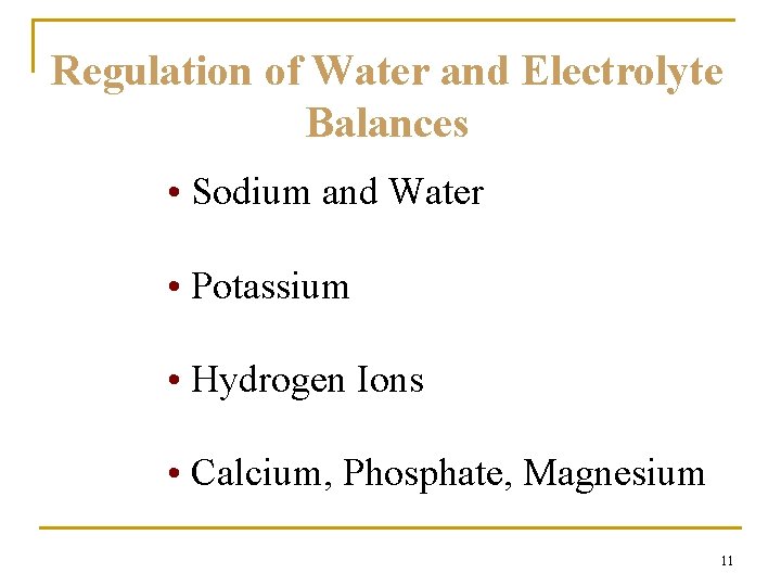 Regulation of Water and Electrolyte Balances • Sodium and Water • Potassium • Hydrogen Regulation of Water and Electrolyte Balances • Sodium and Water • Potassium • Hydrogen