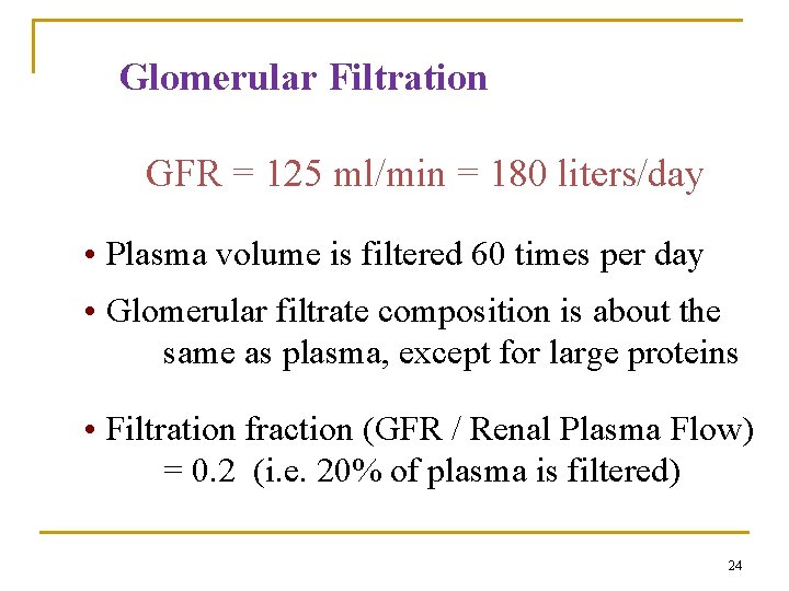 Glomerular Filtration GFR = 125 ml/min = 180 liters/day • Plasma volume is filtered Glomerular Filtration GFR = 125 ml/min = 180 liters/day • Plasma volume is filtered