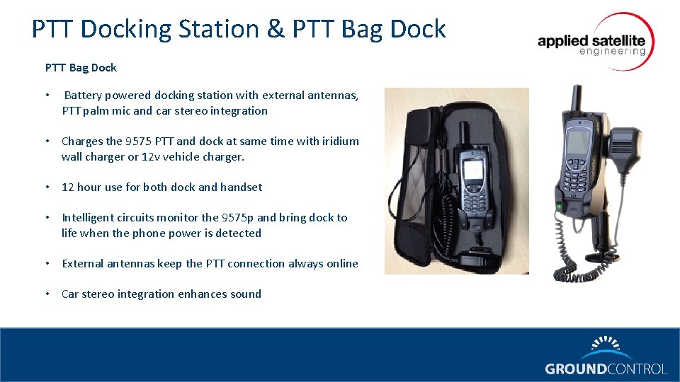 PTT Docking Station & PTT Bag Dock • Battery powered docking station with external