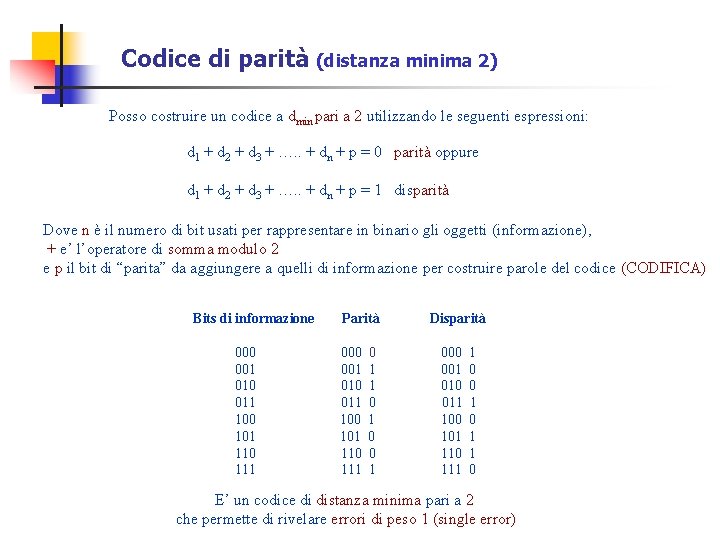 Codice di parità (distanza minima 2) Posso costruire un codice a dmin pari a