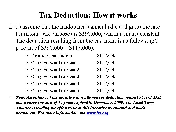 Tax Deduction: How it works Let’s assume that the landowner’s annual adjusted gross income