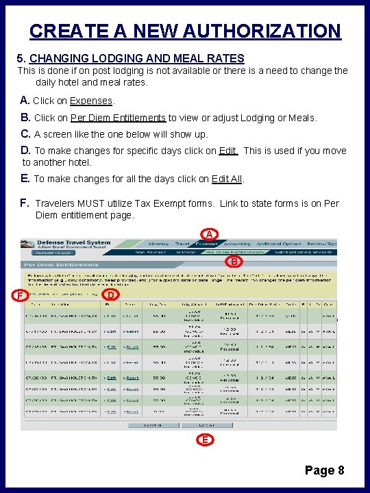 CREATE A NEW AUTHORIZATION 5. CHANGING LODGING AND MEAL RATES This is done if