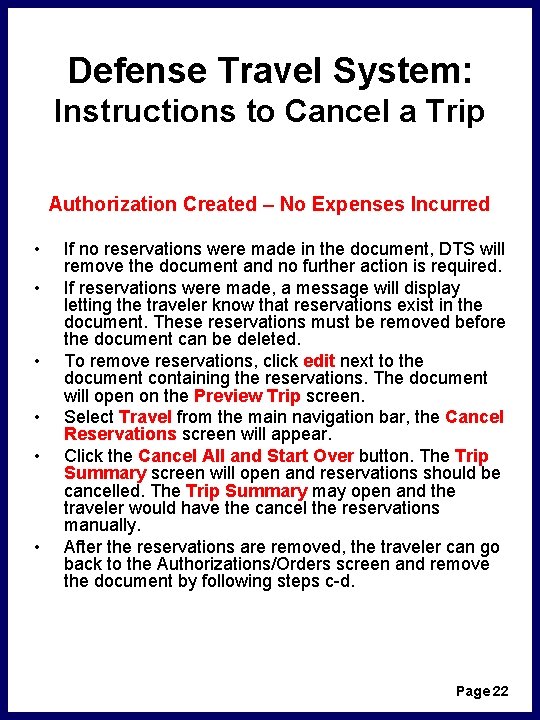 Defense Travel System: Instructions to Cancel a Trip Authorization Created – No Expenses Incurred