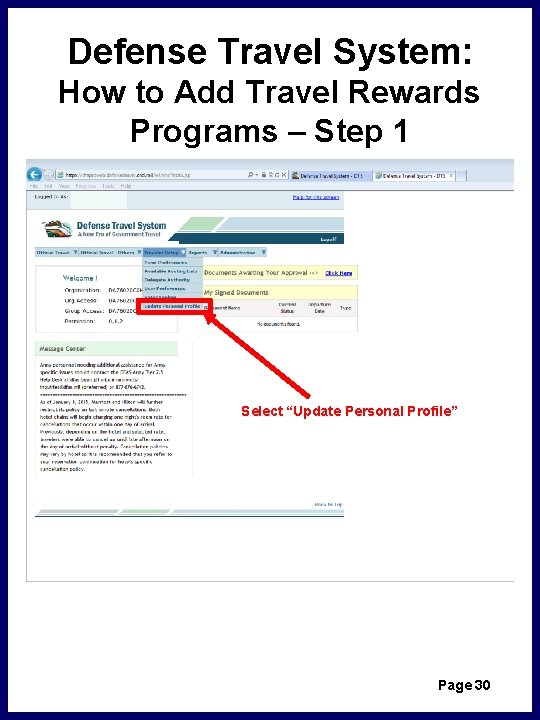 Defense Travel System: How to Add Travel Rewards Programs – Step 1 Select “Update