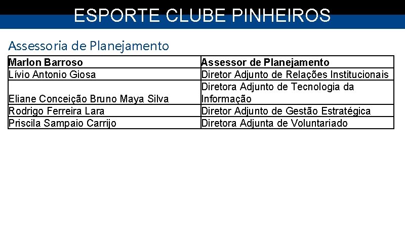 ESPORTE CLUBE PINHEIROS Assessoria de Planejamento Marlon Barroso Lívio Antonio Giosa Eliane Conceição Bruno