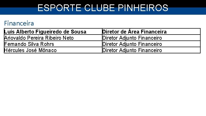 ESPORTE CLUBE PINHEIROS Financeira Luís Alberto Figueiredo de Sousa Ariovaldo Pereira Ribeiro Neto Fernando