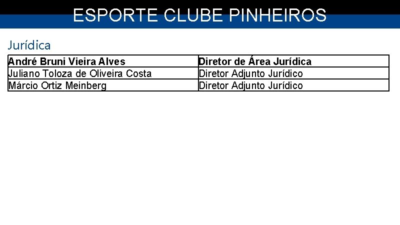 ESPORTE CLUBE PINHEIROS Jurídica André Bruni Vieira Alves Juliano Toloza de Oliveira Costa Márcio