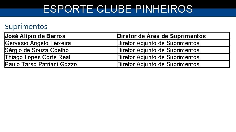 ESPORTE CLUBE PINHEIROS Suprimentos José Alípio de Barros Gervásio Angelo Teixeira Sérgio de Souza