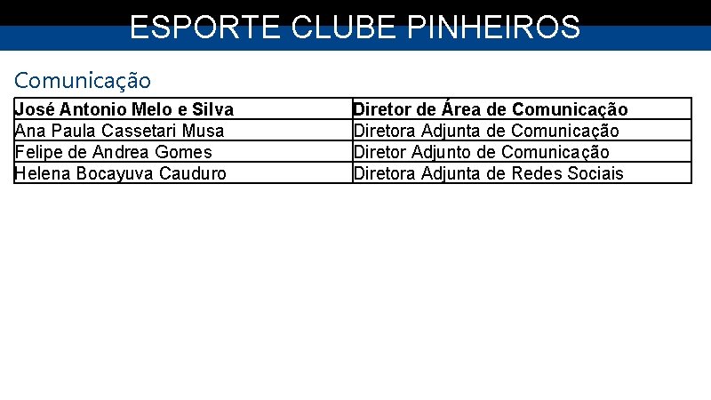 ESPORTE CLUBE PINHEIROS Comunicação José Antonio Melo e Silva Ana Paula Cassetari Musa Felipe