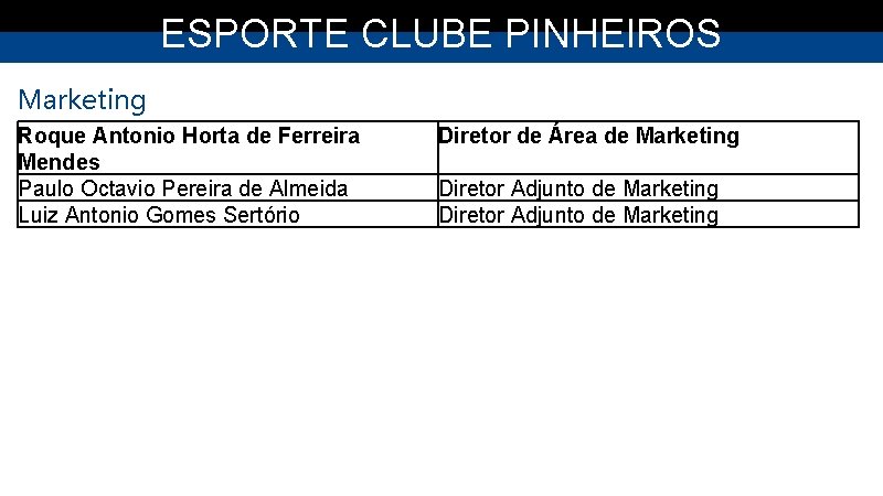 ESPORTE CLUBE PINHEIROS Marketing Roque Antonio Horta de Ferreira Mendes Paulo Octavio Pereira de